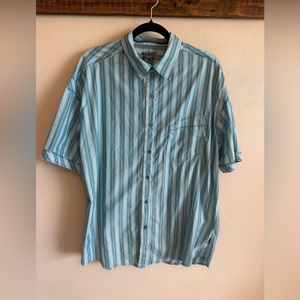 KUHL Men’s‎ Striped 2XL Blue Eluxur Ionik Button Collared Short Sleeve Shirt